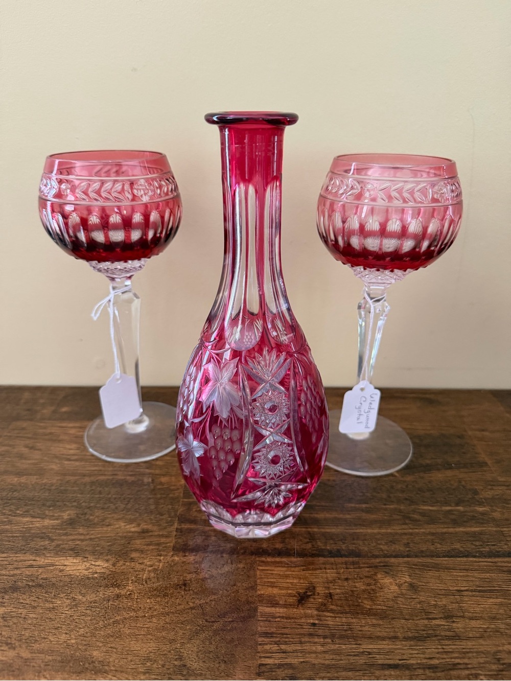 Wedgwood Cut-to-Clear Ruby Red Glass Decanter with matching Goblets